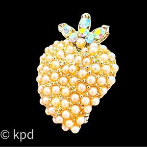 Vintage Strawberry Brooch Faux Pearl AB Rhinestone Gold Tone Pin